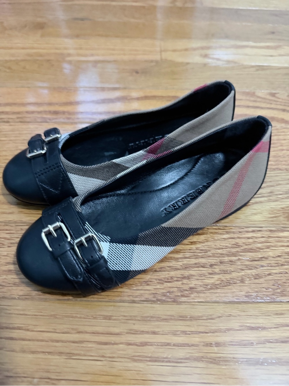 Burberry Beige Check Ballet Flats with Black Leather and Red Stripe